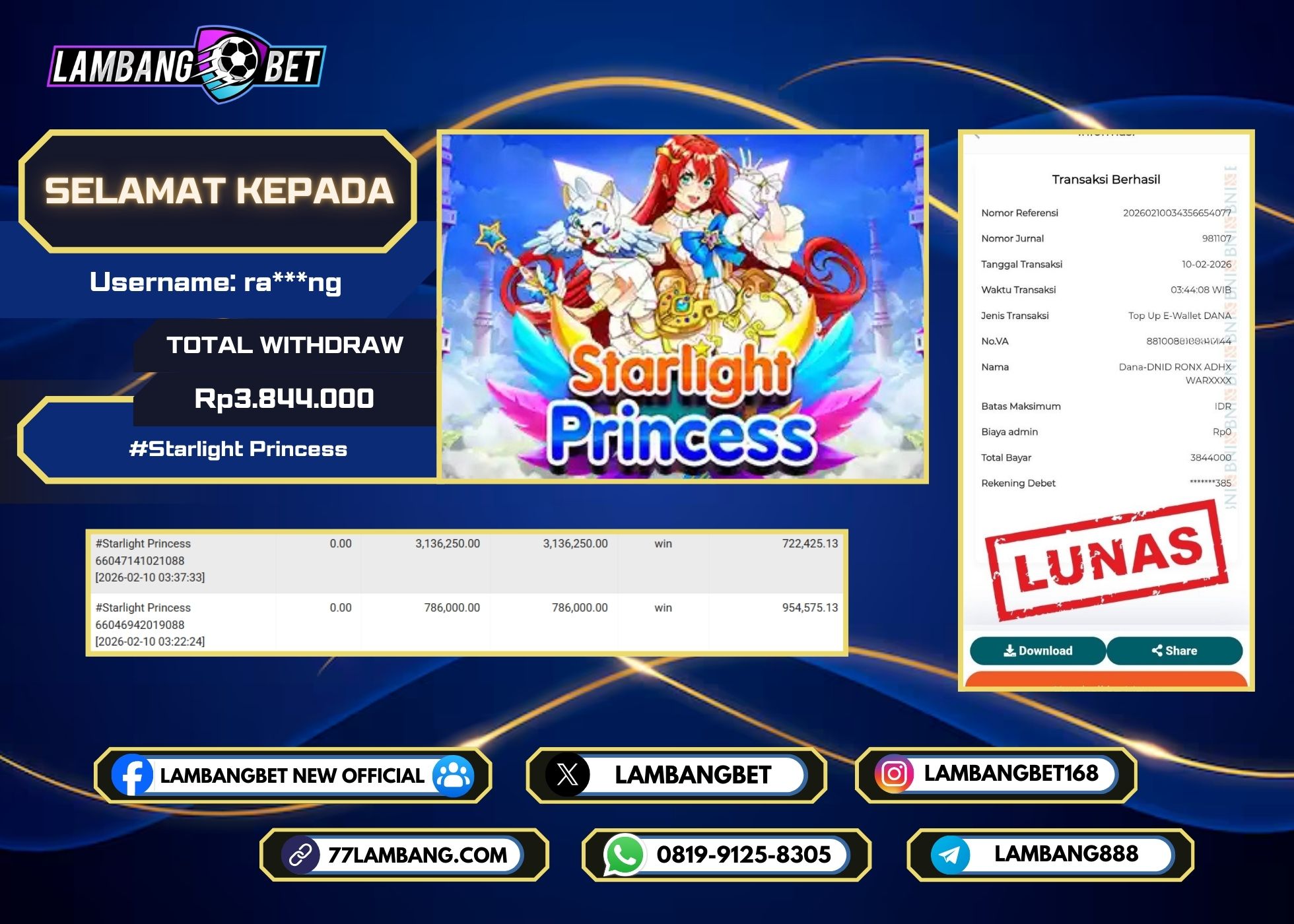 LAMBANGBET [10 FEBRUARI 2025] JACKPOT SLOT Starlight Princess "Rp3.844.000" LUNAS